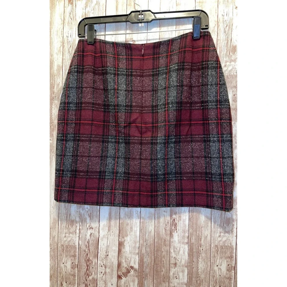 ANNE KLEIN Burgundy/Black/Gray Plaid Short Pencil Skirt Silk Blend  Womens 8 - Picture 2 of 9